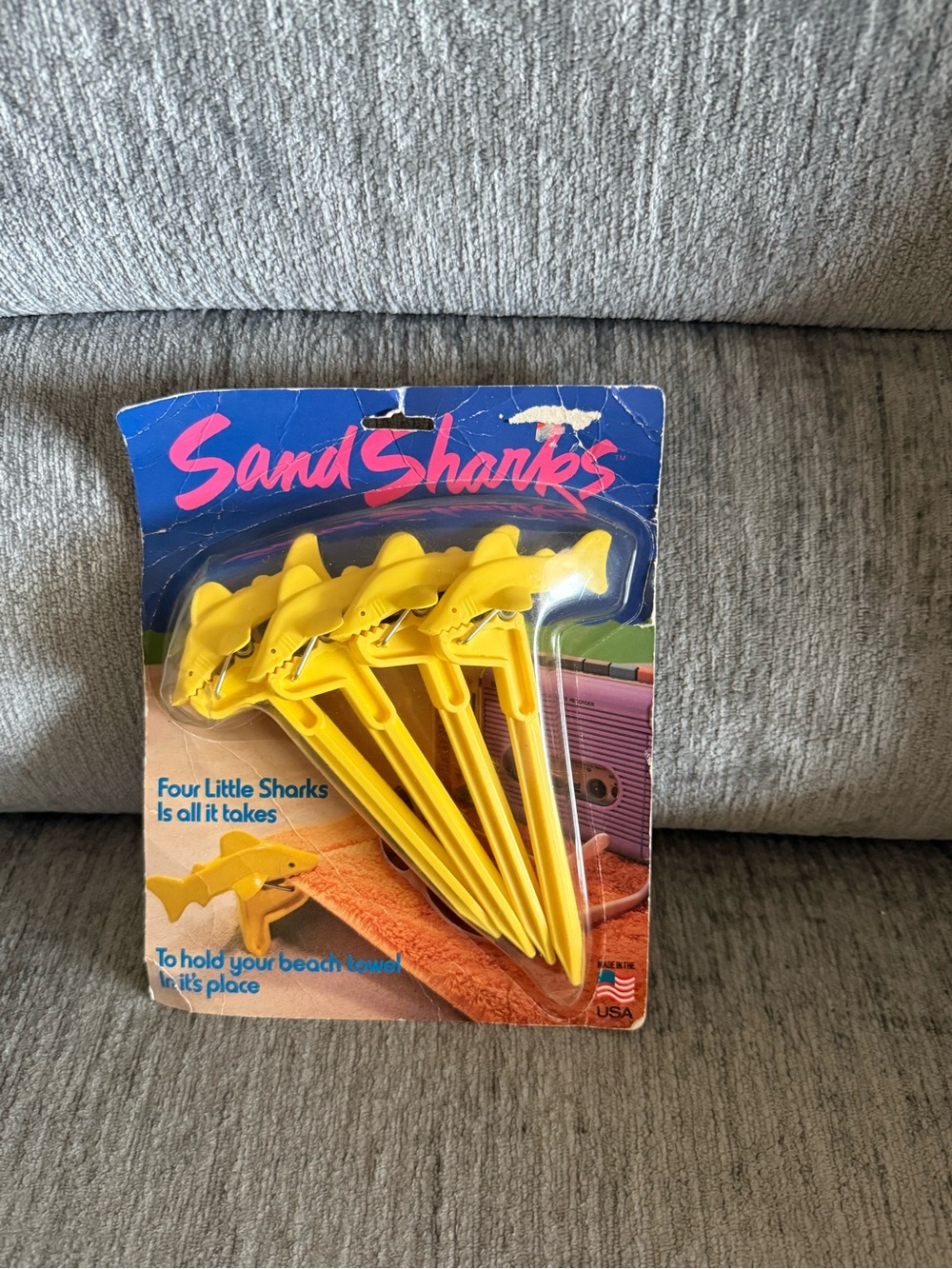 Vintage 1980s package 4 of Sand Sharks Sand Spikes for beach towel. MADE IN USA.